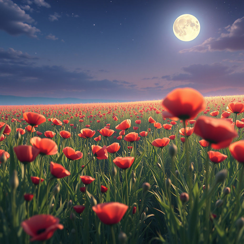 Moonlit Poppy Field: Anime-Inspired 3D Art
