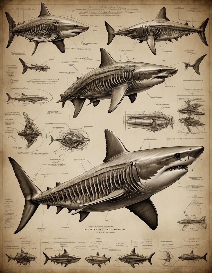 Annotated Alien Shark Dissection Diagram in Sepia Tones
