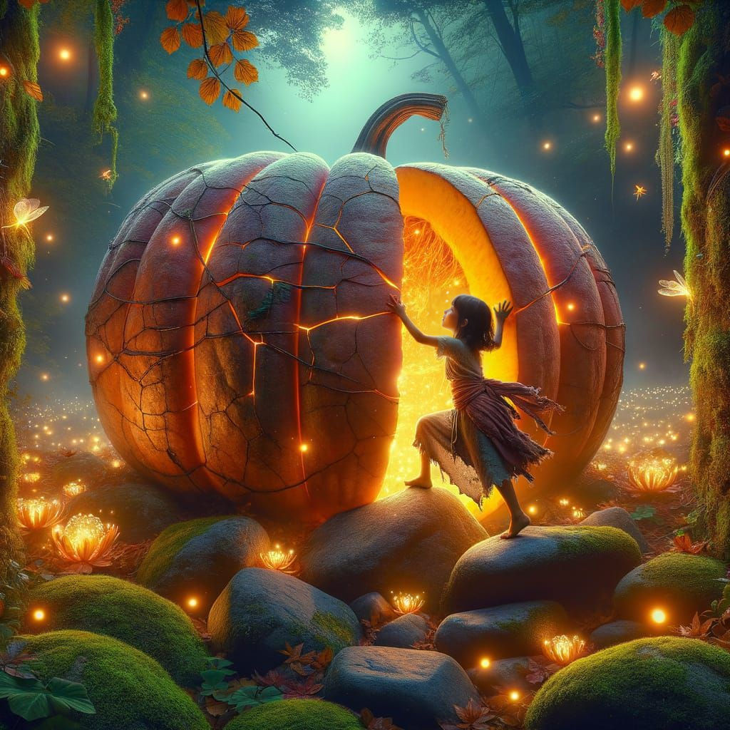 Hispanic Girl Explores Magical Pumpkin Forest at Dusk