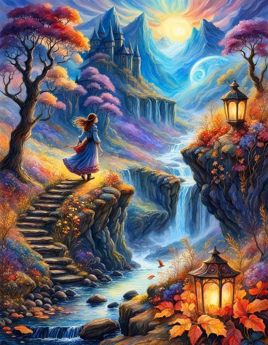 Fantasy Windmill Sunset in Watercolor Style