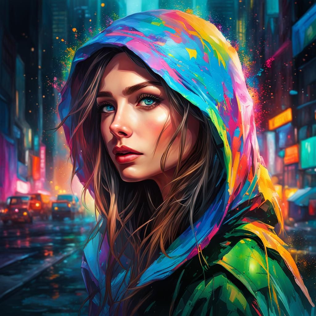 Woman in Neon Cityscape: Digital Art Portrait