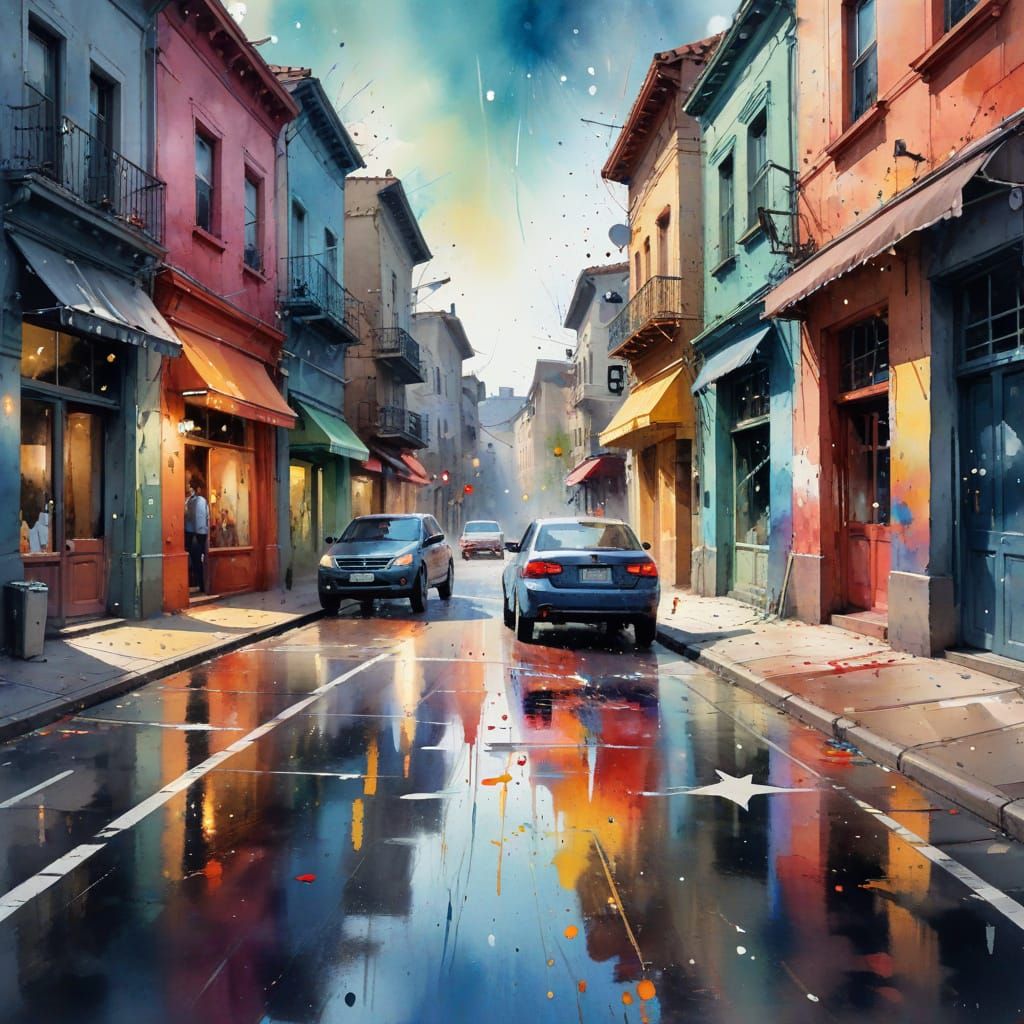 Nostalgic Street Corner Watercolor with Vivid Splashes