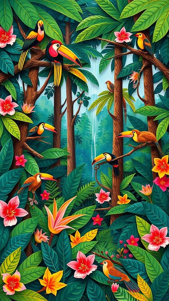 Vibrant Tropical Rainforest Scene in Dreamlike Collage Style