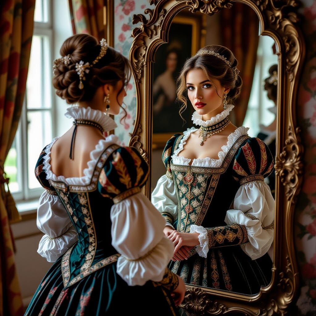 Elegant Woman Sees Renaissance Reflection, Photorealistic