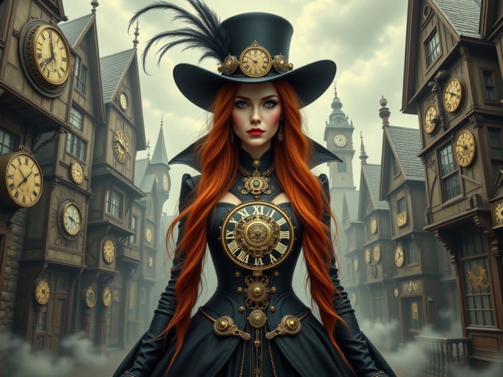 Ethereal Clockpunk Woman in Lavish Black Hat with Golden Clo...