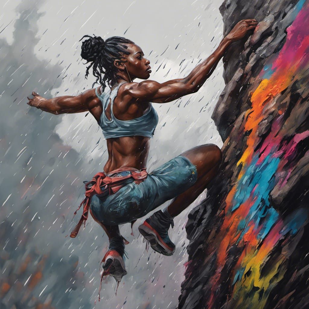 Muscular Climber in Rainy Graffiti Art Style