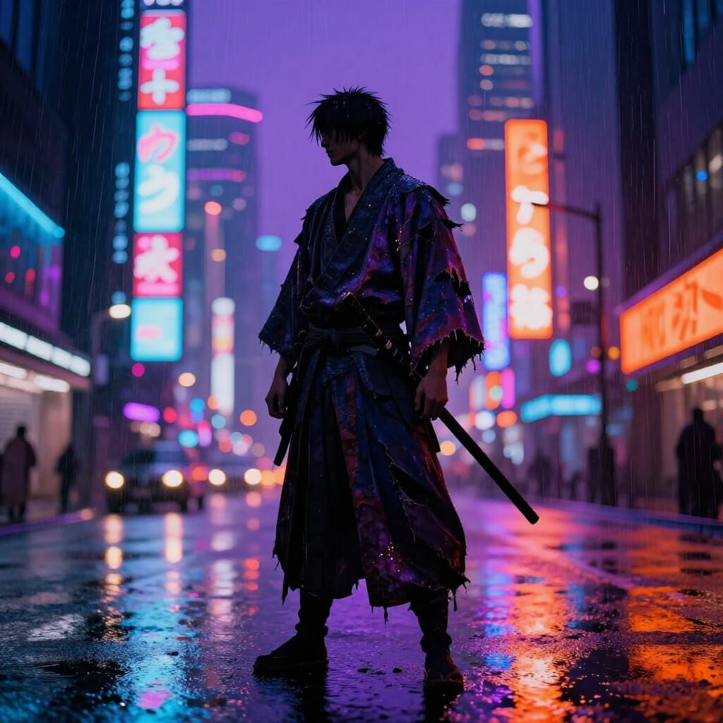 Cyberpunk Samurai in Neon Cityscape
