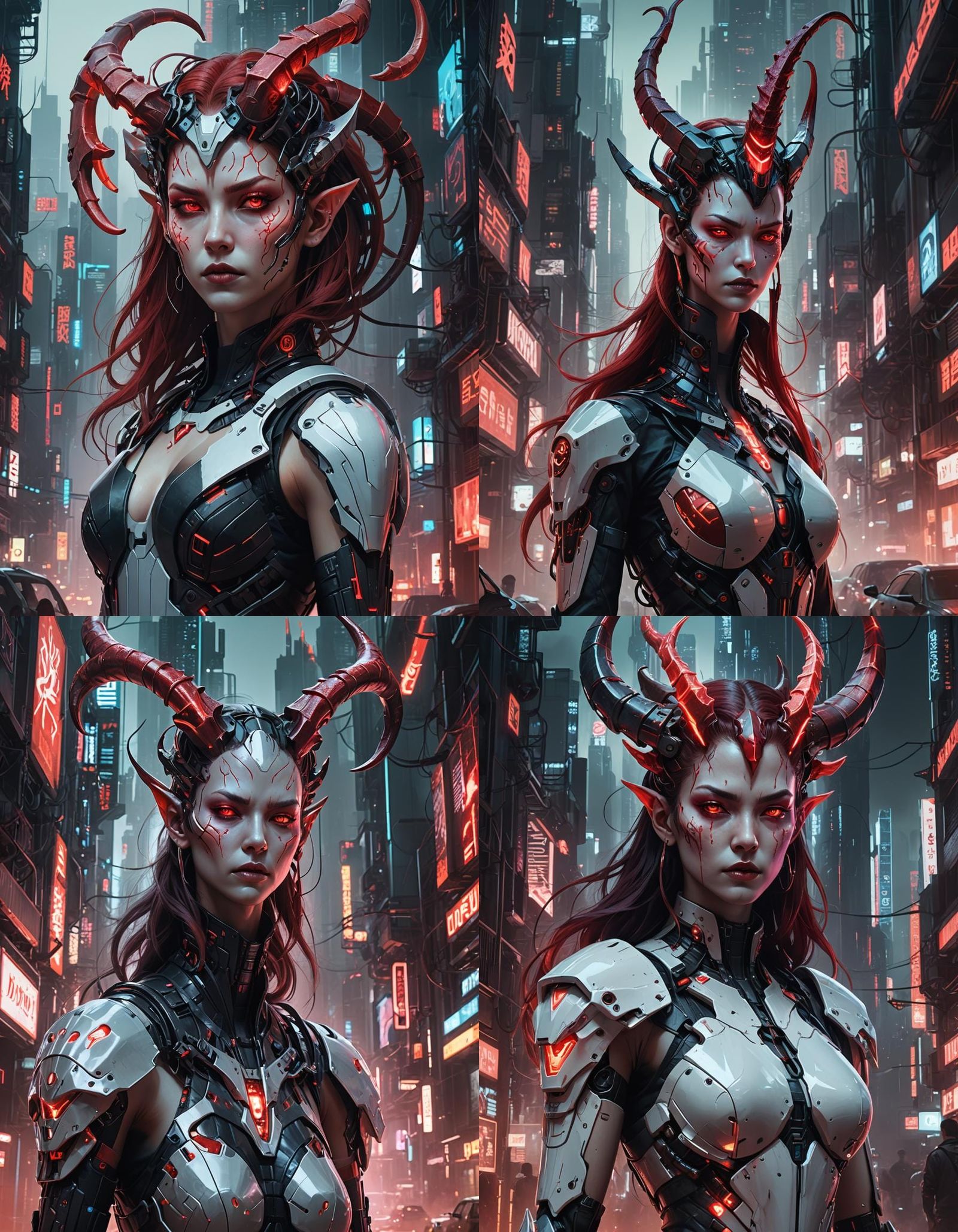 Cyberpunk Demon Woman in Dystopian Cityscape