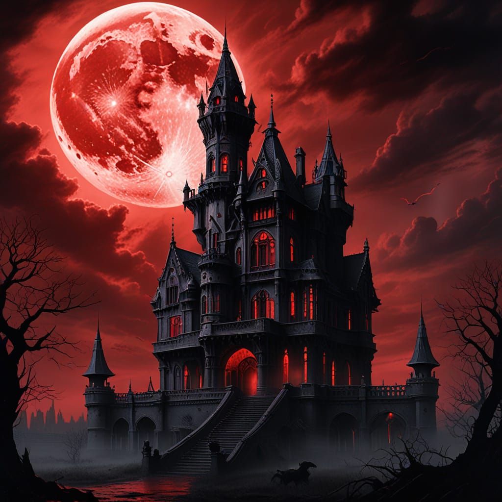 Ominous Gothic Mansion Under Blood-Red Moon