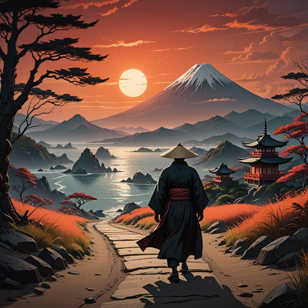 Surreal Japanese Sunset on Textured Sandy Path