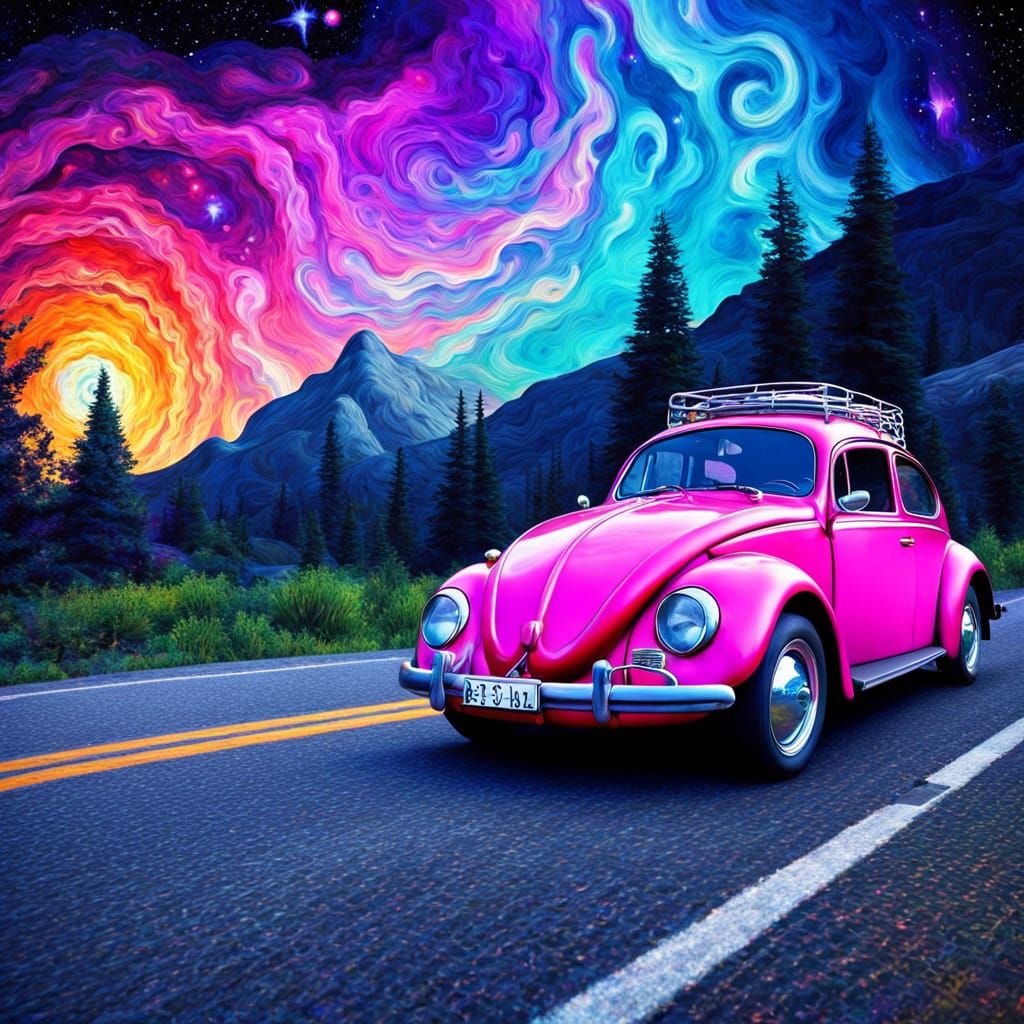 Surreal VW Beetle Drives through Cosmic Night Sky