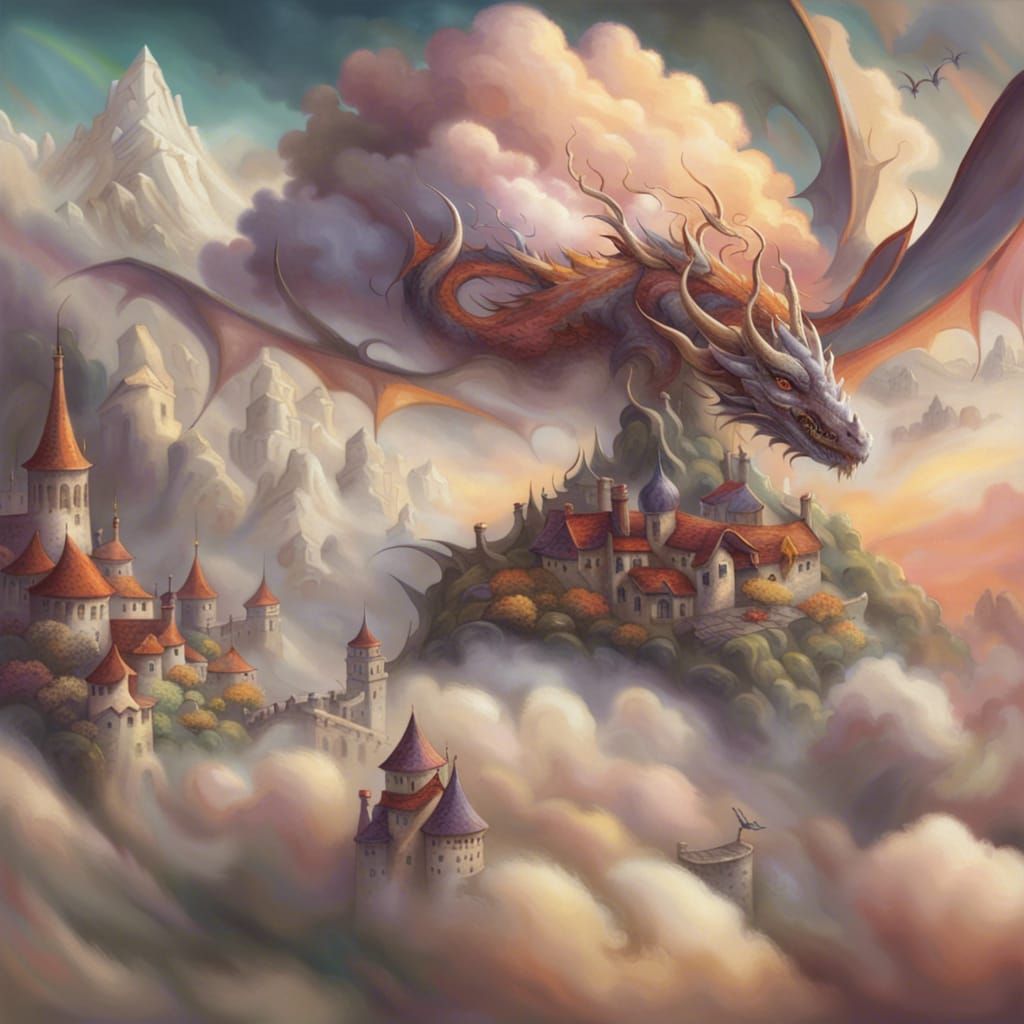 Ethereal Elven City in Clouds, Dragon Fire