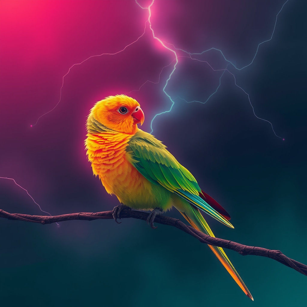 Neon Sun Conure in Stormy, Dreamlike Setting