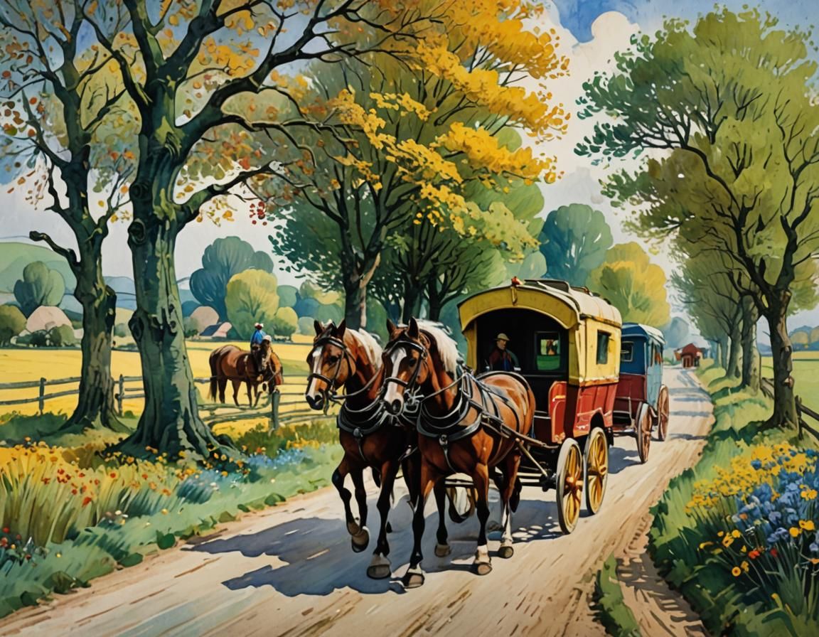 Romany Caravan on Country Road in Van Gogh Style