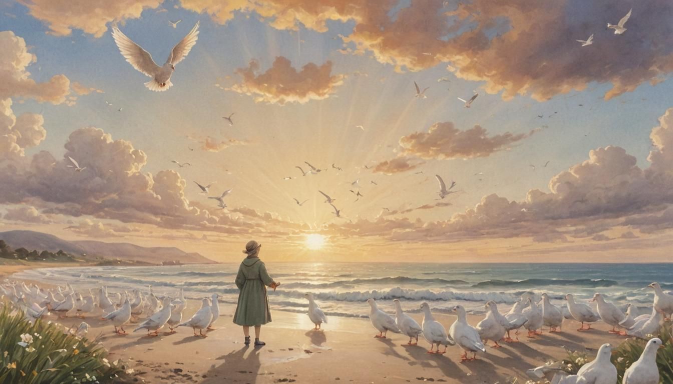 Dawn Seascape with Doves: Storybook Illustration
