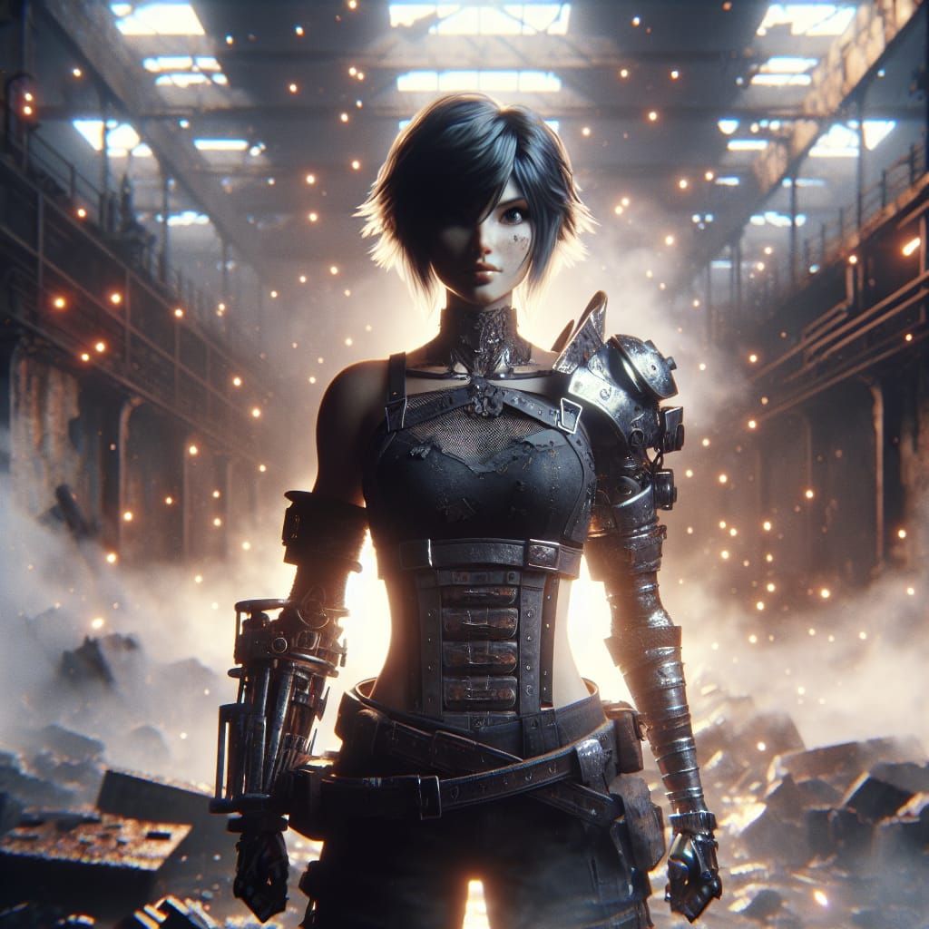 Dieselpunk Warrior Goth Woman in Abandoned Factory