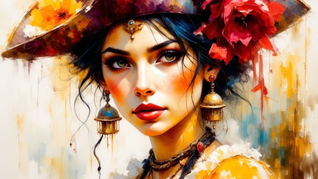 Intricate Pen and Ink Lady Pirate Portrait in Summer Colors