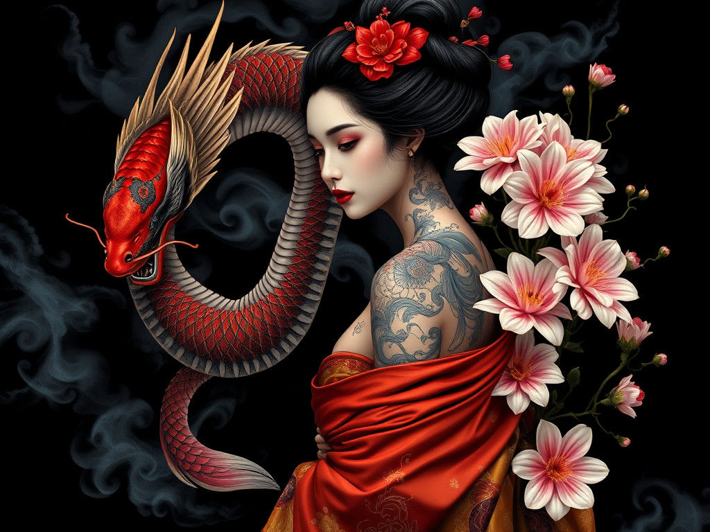 Geisha with Traditional Japanese Tattoo Art