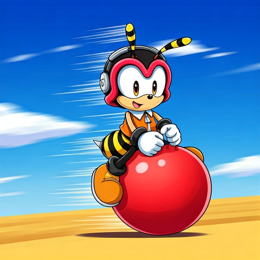 Charmy Bee Bounces on Red Hopper Ball in 2D Art Style