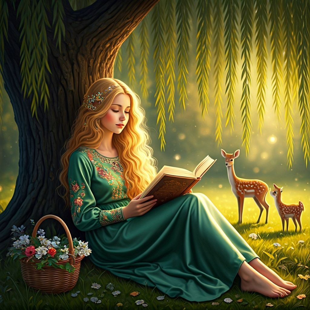 Peaceful Princess Reading Under Willow Tree