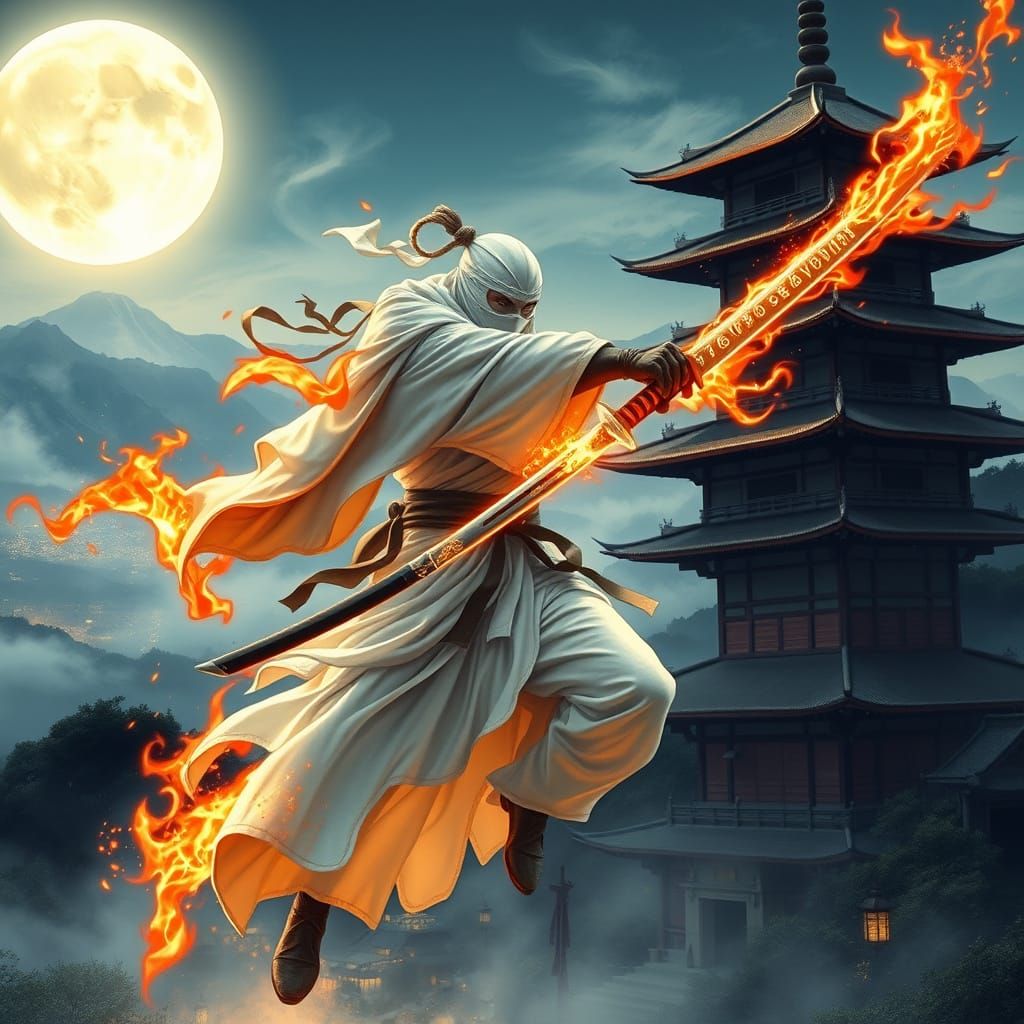 Majestic White Ninja Leaps from Pagoda in Moonlit Fantasy Sc...