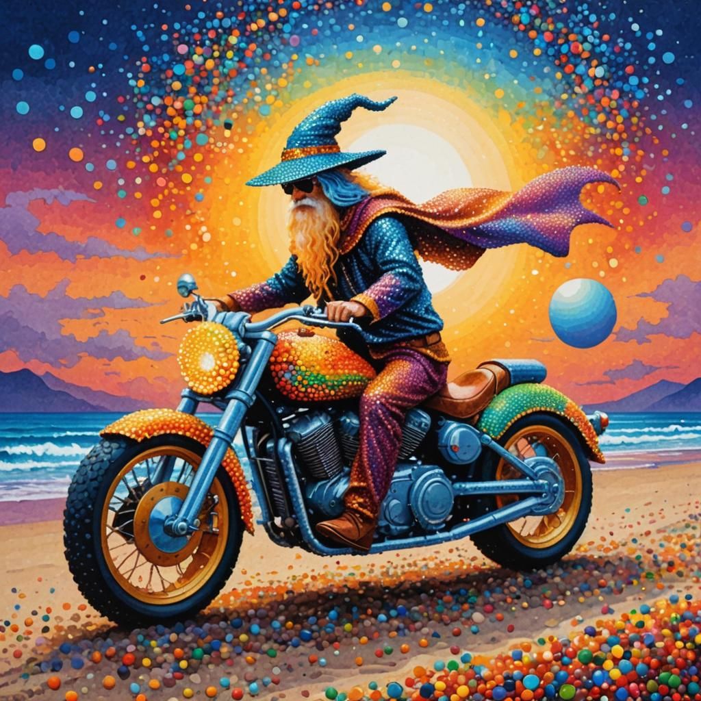 Wizard on Motorcycle: A Pointillist Sunset Beach