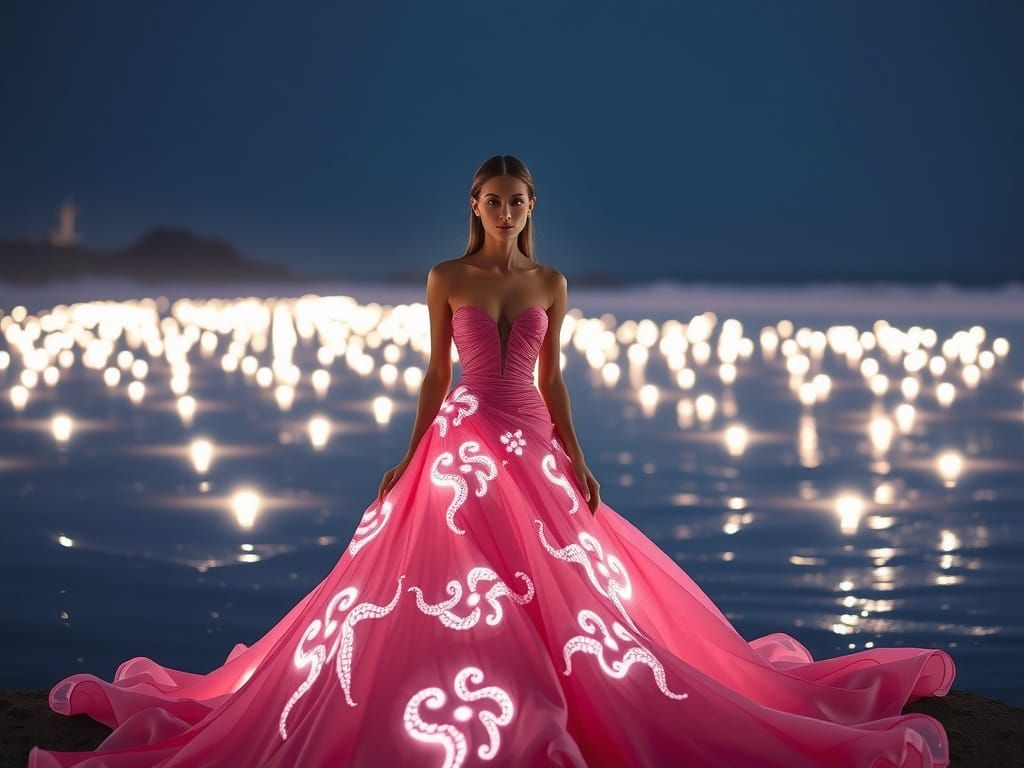 Elegant Pink Ball Gown Goddess on Ocean Shore