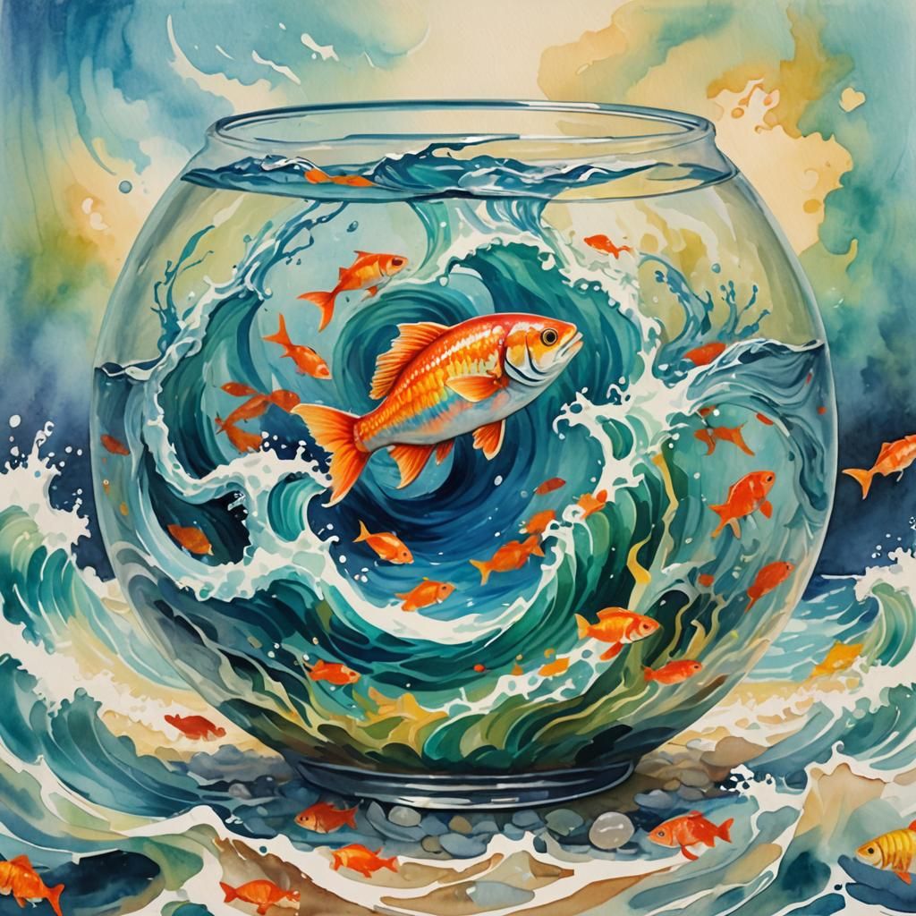 Wave in Fishbowl: Gouache Impressionist Masterpiece