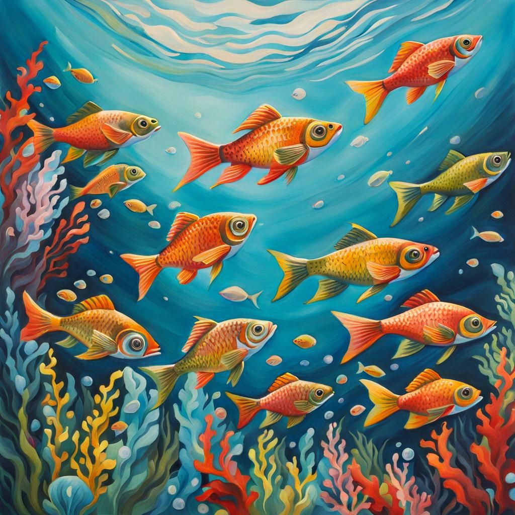 Fish Swimming in Air Gouache Painting