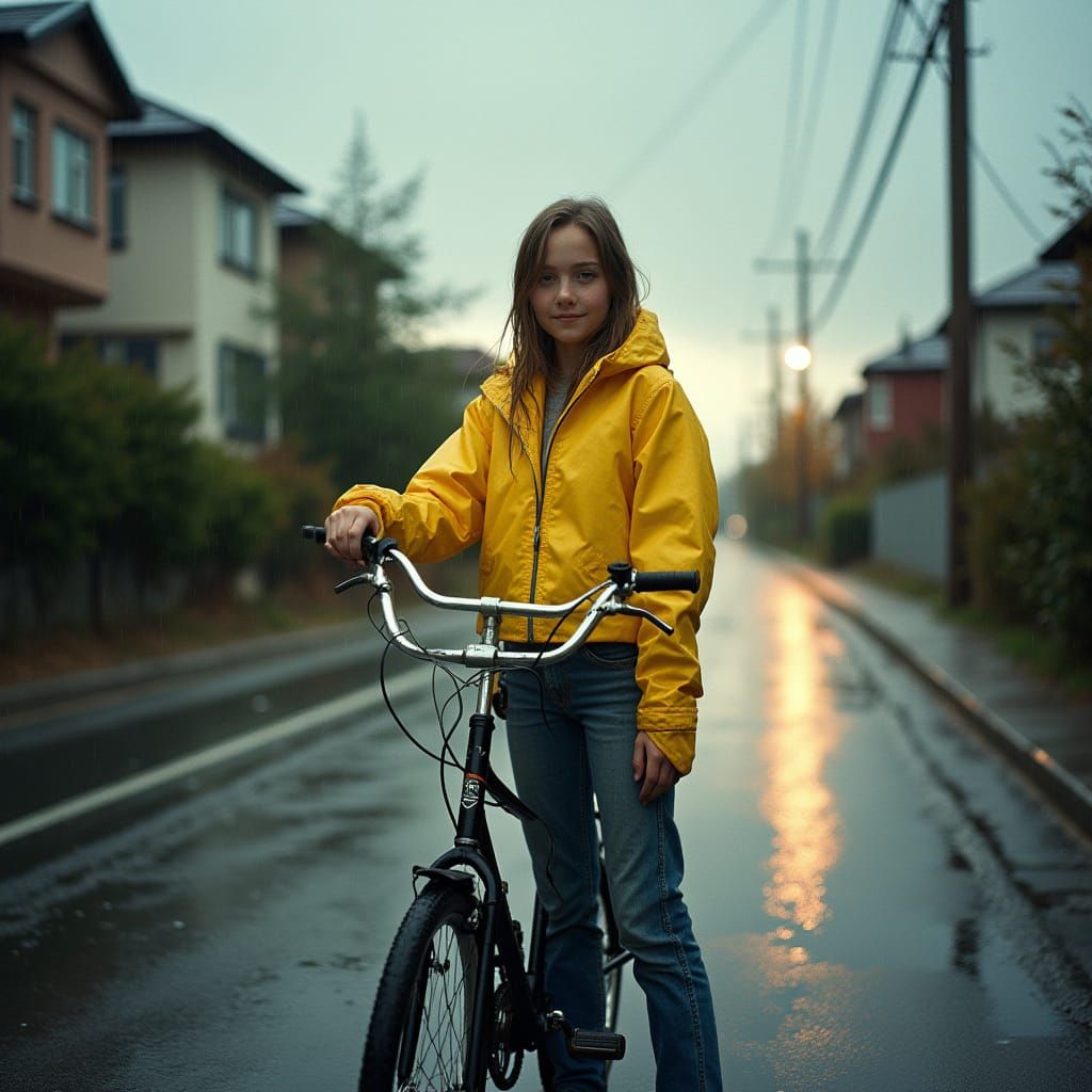 Confident Teenager Stands Beside Her Bike in the Rainy Stree...