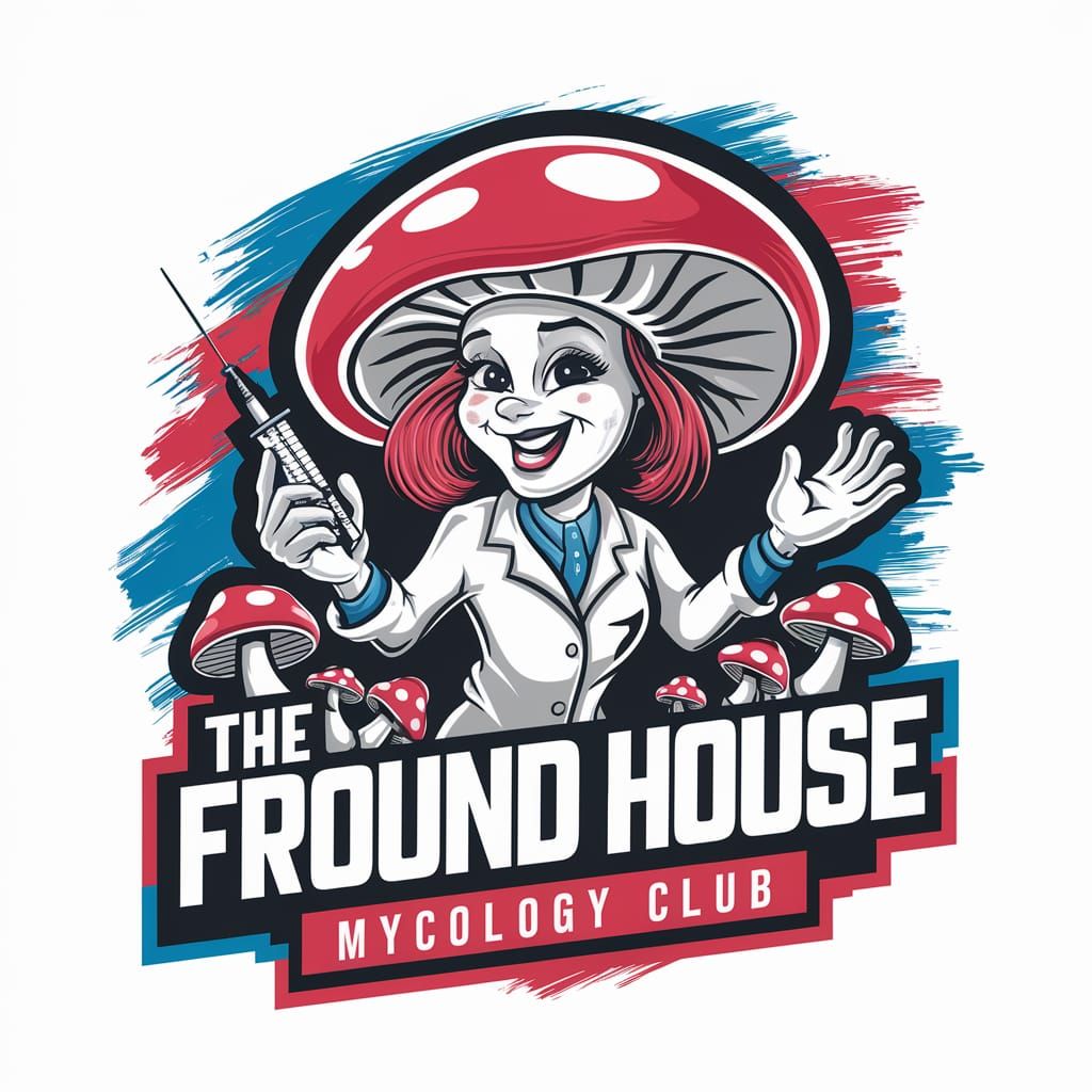 Vibrant Mycology Club Logo with Cartoon Mushroom Character