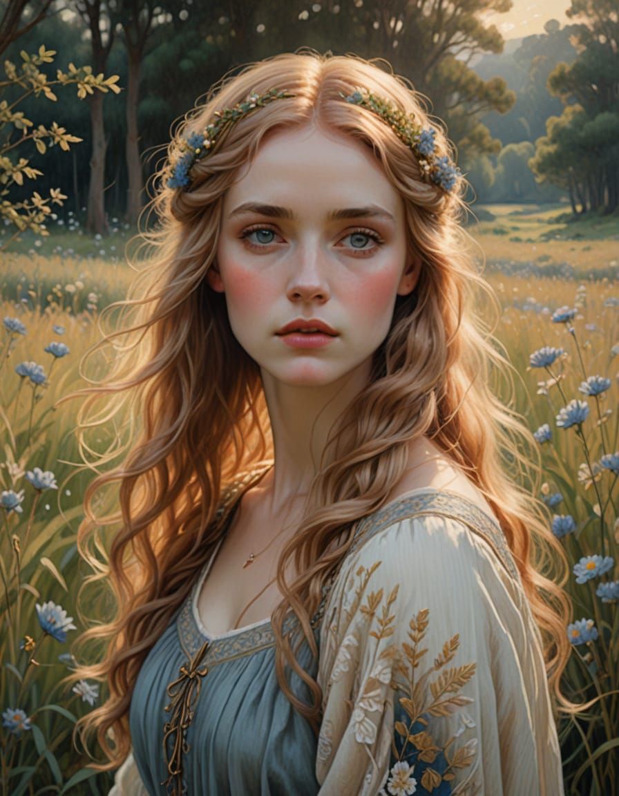 Ethereal Young Woman in a Sunlit Meadow