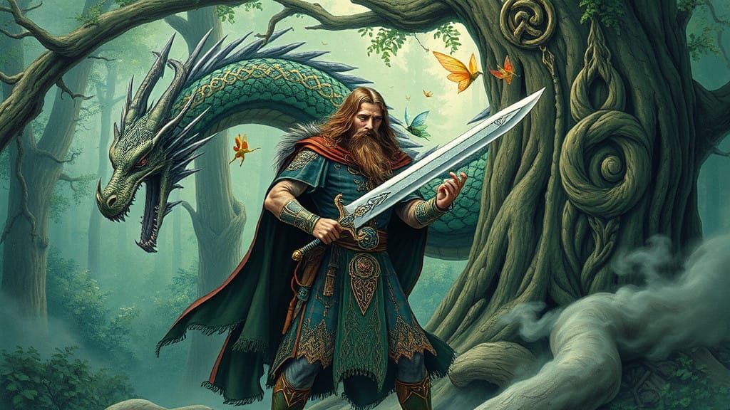 Heroic Celtic Warrior Battles Majestic Dragon in Emerald For...