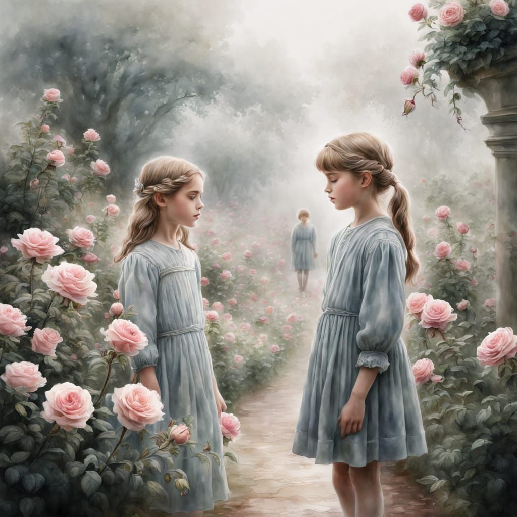 Ethereal Rose Garden with Misty Figures