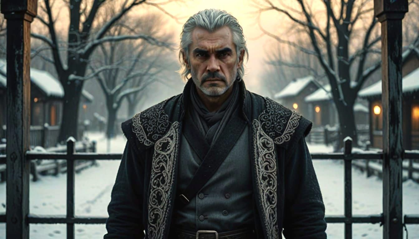 Outlaw Man with Long White Hair in Winter