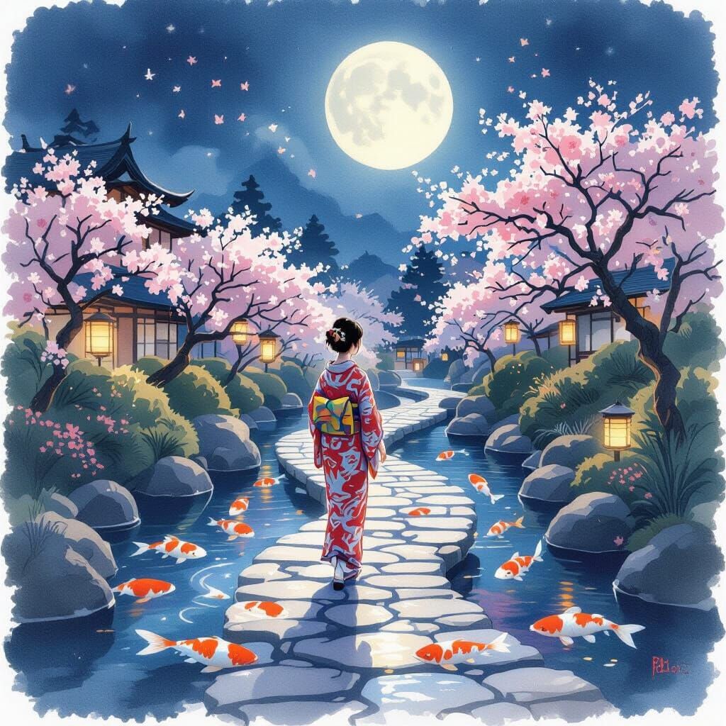 Moonlit Japanese Garden with Bioluminescent Koi