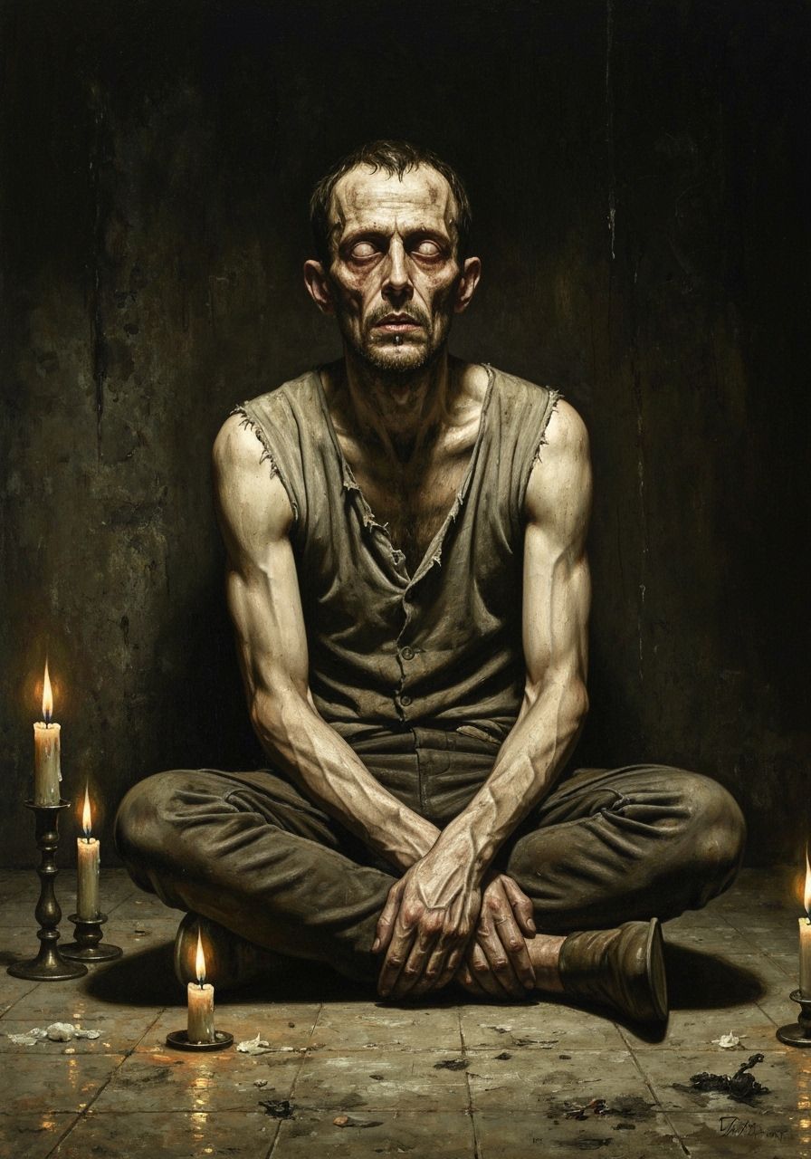 Gritty Oil Painting of a Gaunt Man in Dim Light