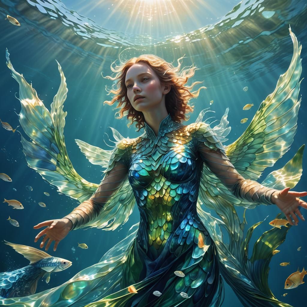 Surreal Fish Angel Rising from the Ocean