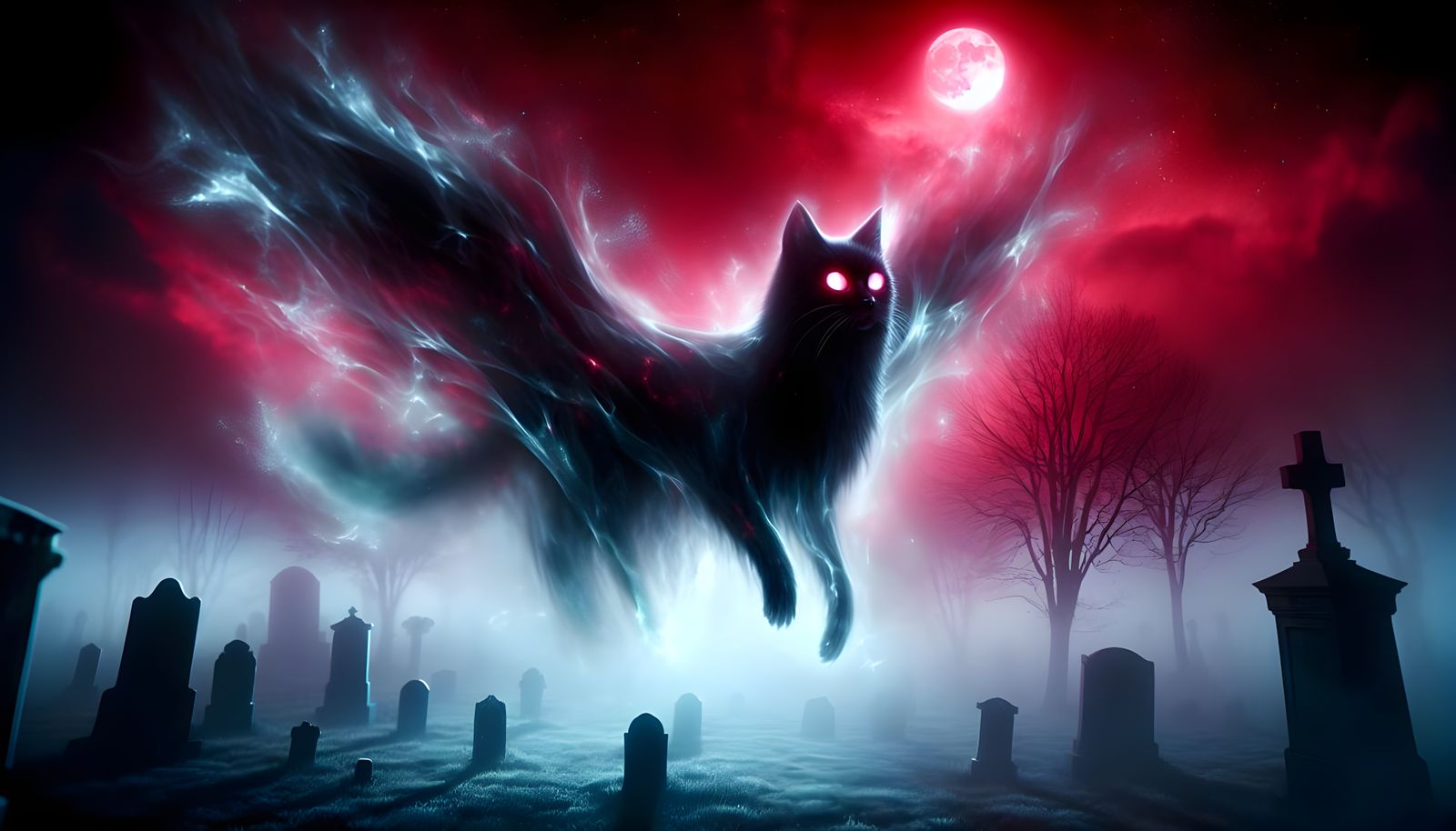 Ethereal Phantom Cat Hunting Under Blood Moon