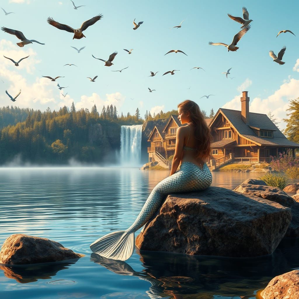 Serene Lakeside Scene with Majestic Birds and Breathtaking W...