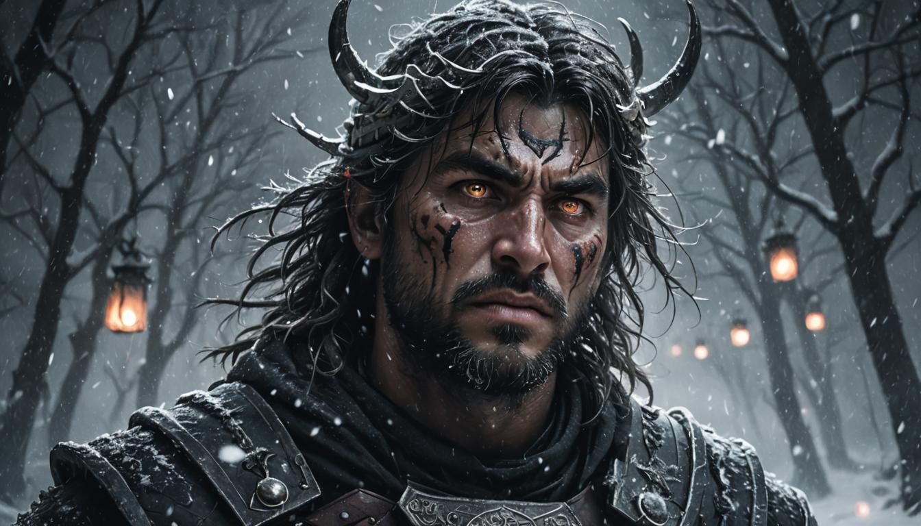 Warrior's Glowing Eyes in Dark Fantasy Art