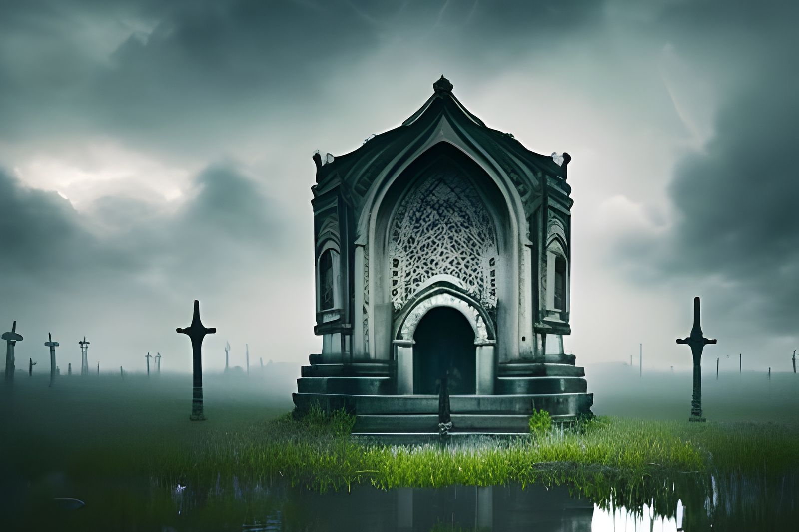Haunted Mausoleum in Moody Landscape, Digital Art