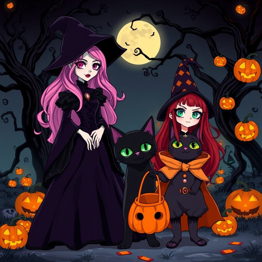 Halloween Night: Manga Women with Wizard Cat