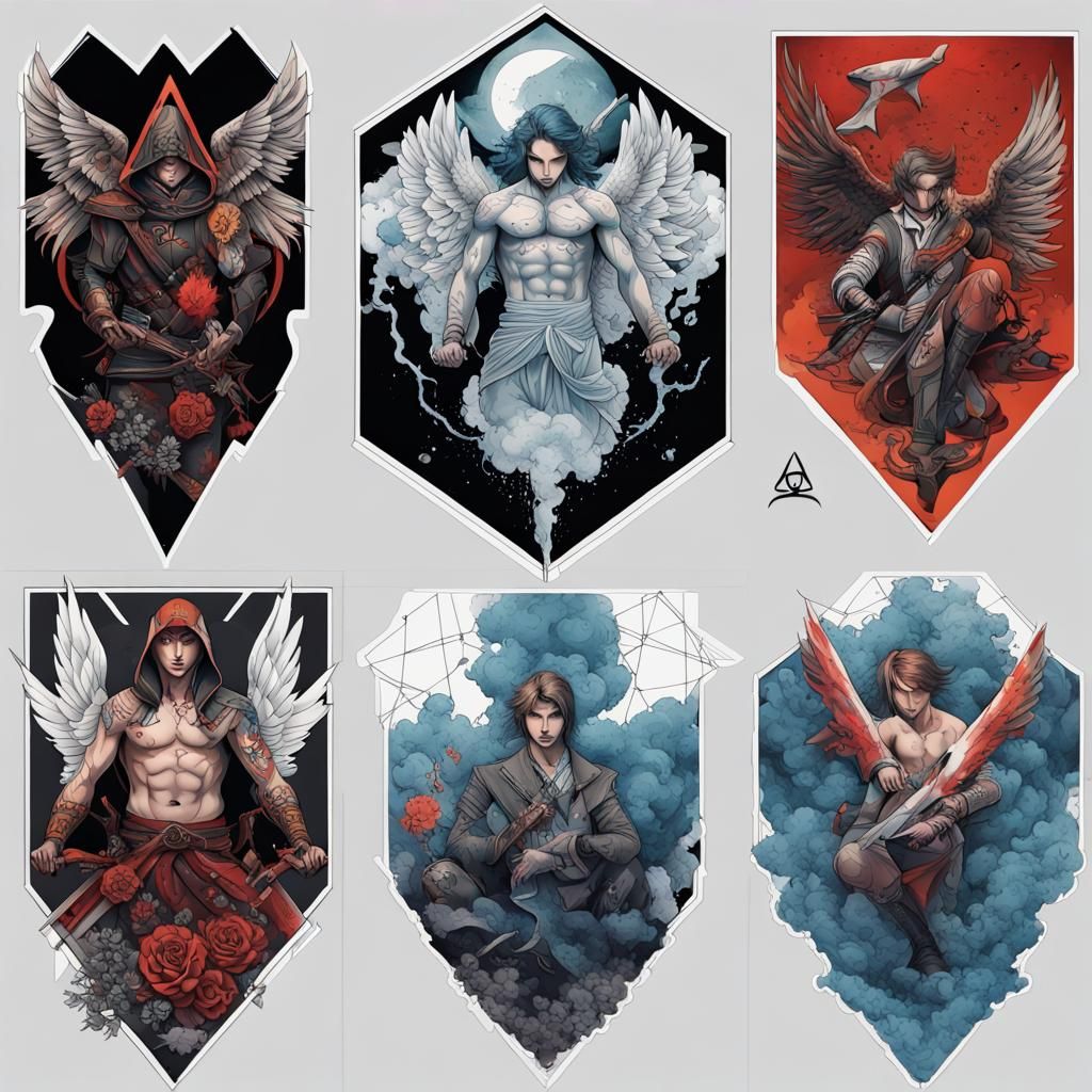 Geometric Tattoo Design with Fallen Angel and Akatsuki Cloud
