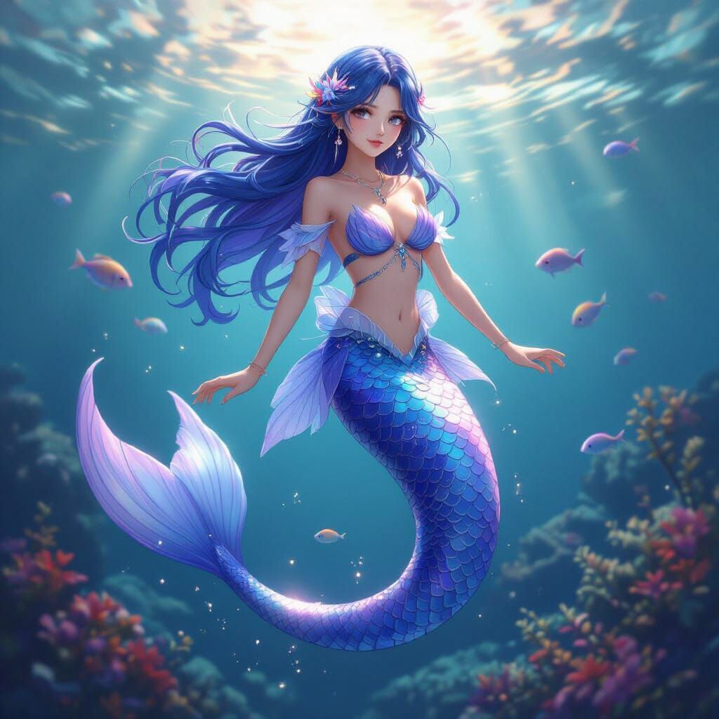 Beautiful Mermaid with Blue Purple Tail in 3D Anime Style