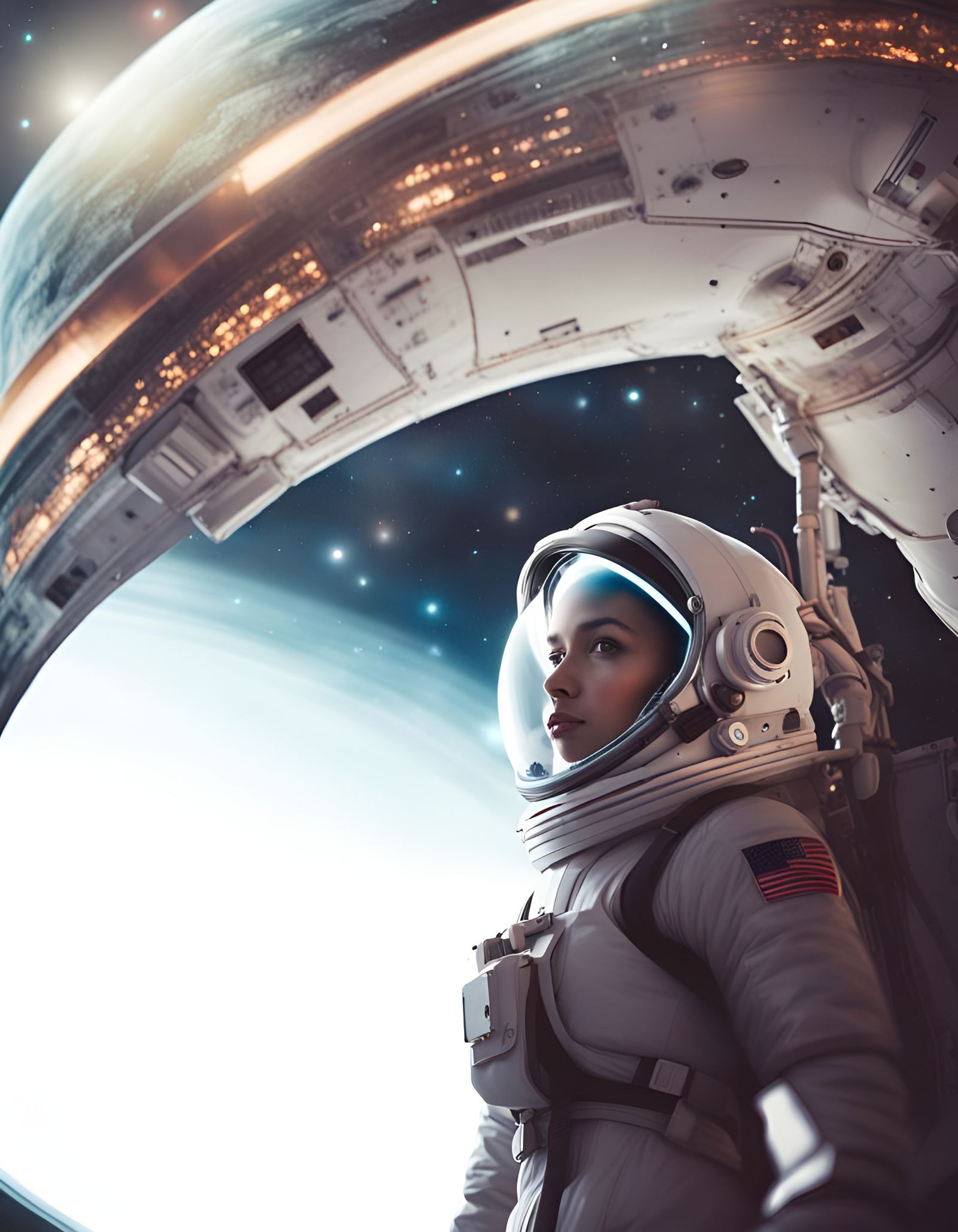 Astronaut and Interstellar Ships Near Saturn