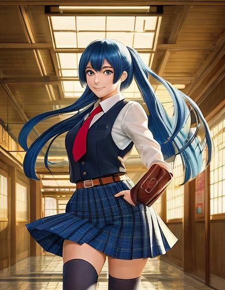 Anime Schoolgirl in Crowded Hallway with Setting Sun