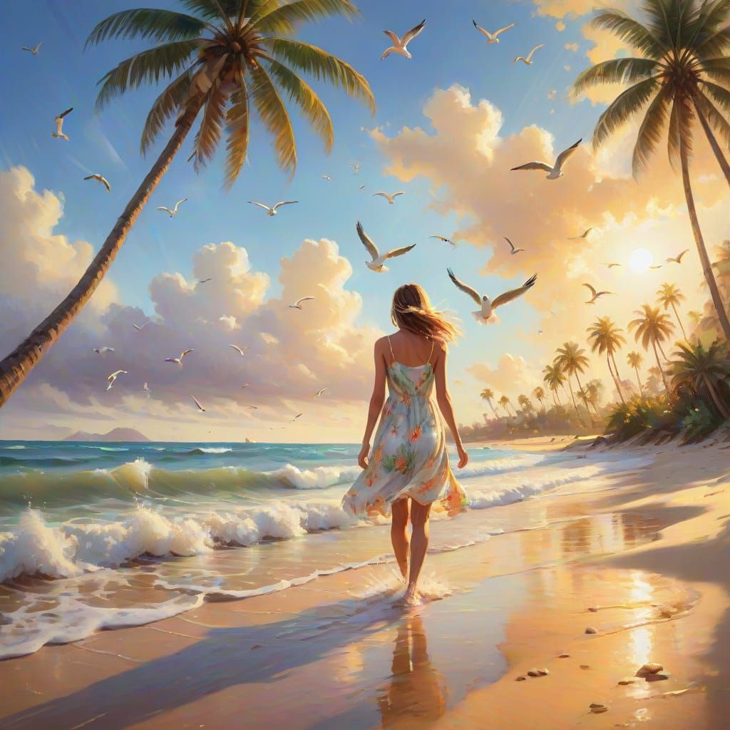 Vibrant Tropical Beach Scene in Impressionist Style