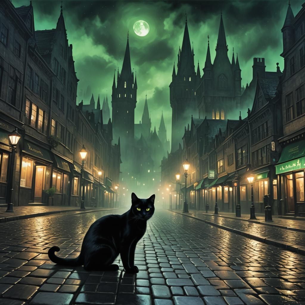 Black Cat in Fog-Shrouded Gothic Cityscape