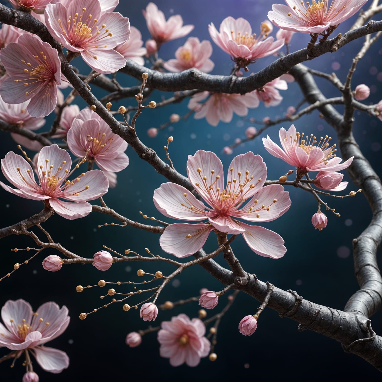 Kintsugi Sakura Tree in Bloom, Detailed Digital Art